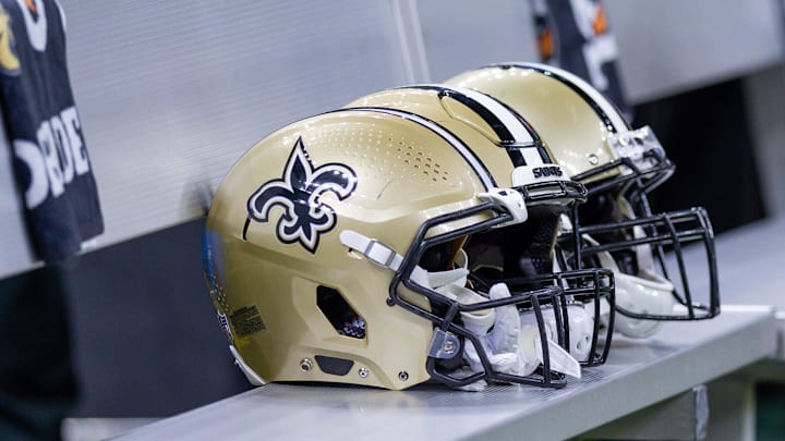 Aug 13, 2023; New Orleans, Louisiana, USA; Detailed view of New Orleans Saints helmets on the bench during the game against the Kansas City Chiefs during the second half at the Caesars Superdome. Mandatory Credit: Stephen Lew-Imagn Images