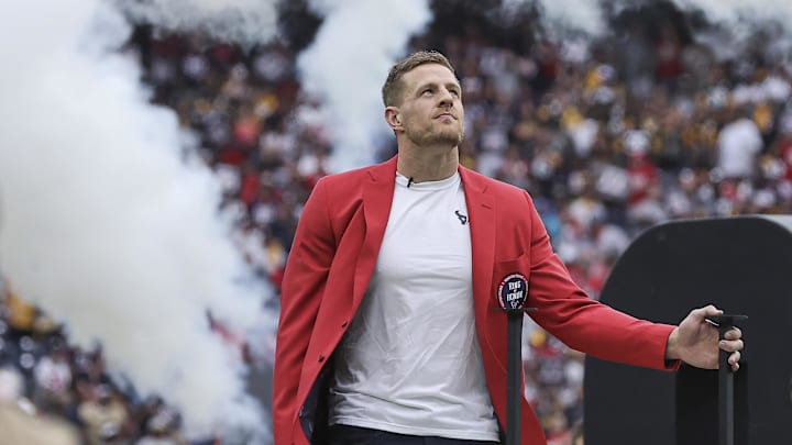 Oct 1, 2023; Houston, Texas, USA; Former Houston Texans player J.J. Watt after being inducted into the Texans Ring of Honor during the game against the Pittsburgh Steelers at NRG Stadium. Mandatory Credit: Troy Taormina-Imagn Images