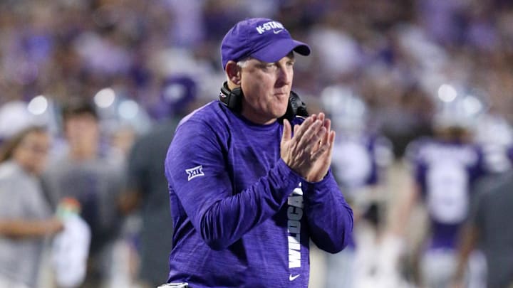 Sep 13, 2024; Manhattan, Kansas, USA; Kansas State Wildcats head coach Chris Klieman celebrates a touchdown in the third quarter against the Arizona Wildcats at Bill Snyder Family Football Stadium. Mandatory Credit: Scott Sewell-Imagn Images