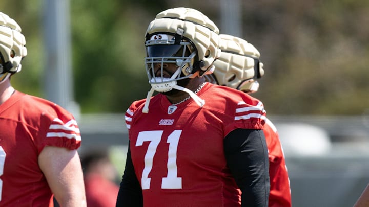 Jun 10, 2025; Santa Clara, CA, USA; San Francisco 49ers offensive tackle Trent Williams (71) works out with his teammates during an OTA at Levi's Stadium. Mandatory Credit: D. Ross Cameron-Imagn Images