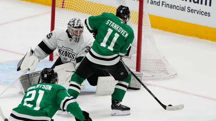 Feb 28, 2025; Dallas, Texas, USA; Dallas Stars center Logan Stankoven (11) scores a goal against the Los Angeles Kings during the third period at American Airlines Center. Mandatory Credit: Chris Jones-Imagn Images