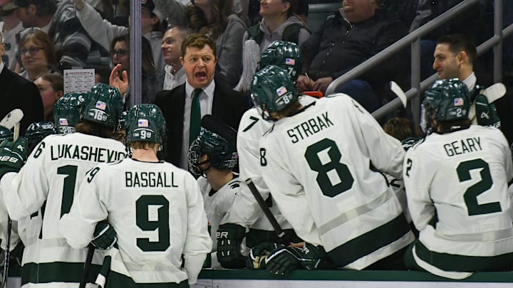 MSU hockey coach Adam Nightingale coaches his Spartans, Saturday, March 22, 2025, during the third period of the Big 10 Hockey final at Munn Ice Arena. MSU won 4-3 in double overtime.