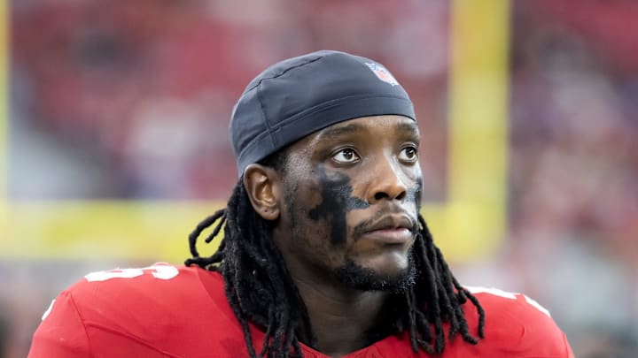 Aug 10, 2024; Glendale, Arizona, USA; Arizona Cardinals defensive end Darius Robinson (56) against the New Orleans Saints during a preseason NFL game at State Farm Stadium. Mandatory Credit: Mark J. Rebilas-Imagn Images
