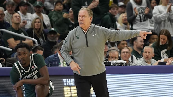 Jan 12, 2025; Evanston, Illinois, USA; Michigan State Spartans head coach Tom Izzo gestures to his team against the Northwestern Wildcats during the first half at Welsh-Ryan Arena. Mandatory Credit: David Banks-Imagn Images