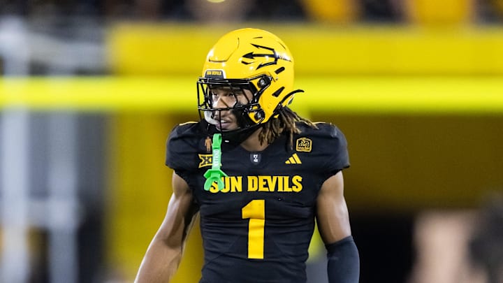Oct 25, 2025; Tempe, Arizona, USA; Arizona State Sun Devils defensive back Keith Abney II (1) against the Houston Cougars at Mountain America Stadium. Mandatory Credit: Mark J. Rebilas-Imagn Images