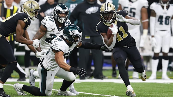 New Orleans Saints running back Alvin Kamara (41) runs against the Philadelphia Eagles