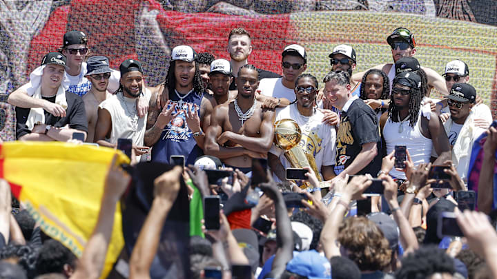 Jun 24, 2025; Oklahoma City, OK, USA; Oklahoma City Thunder players pose for a photo at the closing ceremony of the Thunder's 2025 NBA championship parade. Mandatory Credit: Alonzo Adams-Imagn Images Jun 24, 2025; Oklahoma City, OK, USA; Oklahoma City Thunder players pose for a photo at the closing ceremony of the Thunder's 2025 NBA championship parade. Mandatory Credit: Alonzo Adams-Imagn Images