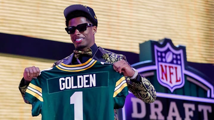 Wide receiver Matthew Golden holds a Green Bay Packers jersey after being selected with the 23rd pick during the first round of the 2025 NFL Draft on Thursday, April 24, 2025, at Lambeau Field in Green Bay, Wisconsin. The draft runs through April 26.
Tork Mason/USA TODAY NETWORK-Wisconsin Wide receiver Matthew Golden holds a Green Bay Packers jersey after being selected with the 23rd pick during the first round of the 2025 NFL Draft on Thursday, April 24, 2025, at Lambeau Field in Green Bay, Wisconsin. The draft runs through April 26.
Tork Mason/USA TODAY NETWORK-Wisconsin