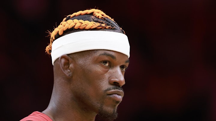 Dec 12, 2024; Miami, Florida, USA;  Miami Heat forward Jimmy Butler (22) stands on the court during a time out against the Toronto Raptors  during the first half at Kaseya Center. Mandatory Credit: Rhona Wise-Imagn Images