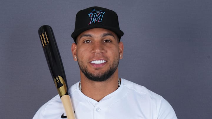 Feb 19, 2025; Jupiter, FL, USA;  Miami Marlins catcher Agustin Ramirez (50). Mandatory Credit: Jim Rassol-Imagn Images