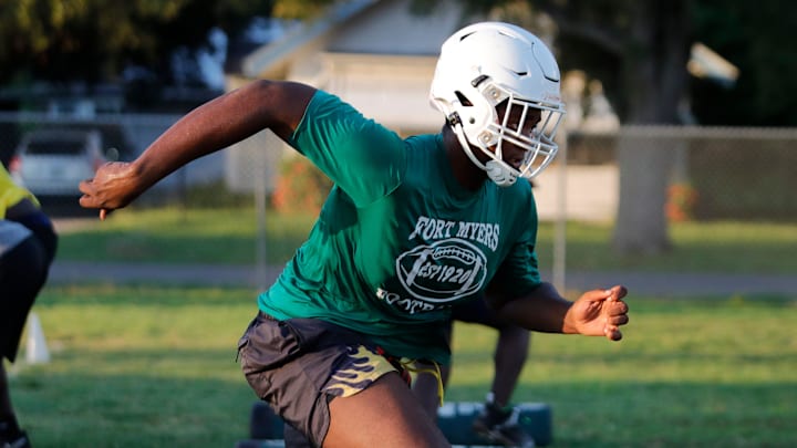 Kendall Guervil participates in early morning drills. Fort Myers High School football players were up early on Tuesday, August 1, 2023, as practices got underway for their upcoming season. Kendall Guervil participates in early morning drills. Fort Myers High School football players were up early on Tuesday, August 1, 2023, as practices got underway for their upcoming season.