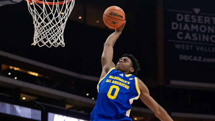 Mar 31, 2026; Glendale, AZ, USA; Brandon McCoy Jr (0) dunks the ball during the McDonalds All American Boys Game at Desert Diamond Arena. Mandatory Credit: Mark J. Rebilas-Imagn Images