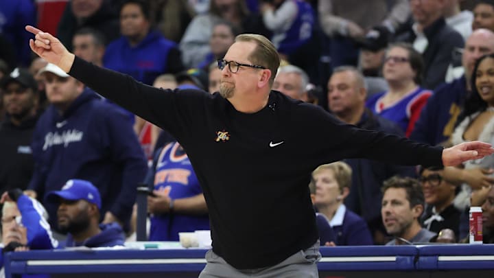 Jan 24, 2026; Philadelphia, Pennsylvania, USA; Philadelphia 76ers head coach Nick Nurse reacts to a play against the New York Knicks during the fourth quarter at Xfinity Mobile Arena. Mandatory Credit: Bill Streicher-Imagn Images