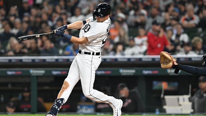 Sep 29, 2023; Detroit, Michigan, USA; Detroit Tigers center fielder Parker Meadows (22) hits a