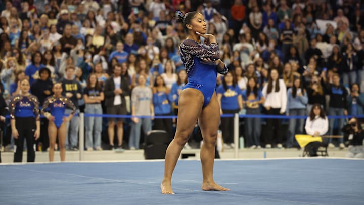 UCLA gymnast Jordan Chiles performing her floor exercise during a meet against the University of Illinois at Pauley Pavillion. 