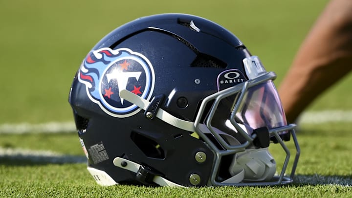 Jul 24, 2025; Nashville, TN, USA;  Tennessee Titans helmet during training camp at Ascension Saint Thomas Sports Park. Mandatory Credit: Steve Roberts-Imagn Images