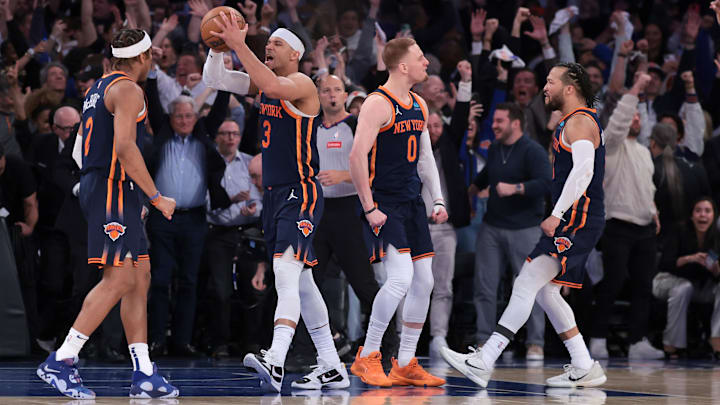 Apr 22, 2024; New York, New York, USA;  New York Knicks guard Josh Hart (3) celebrates with