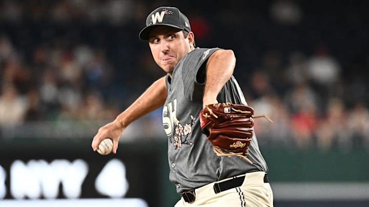 Aug 10, 2024; Washington, District of Columbia, USA;  Washington Nationals relief pitcher Derek Law (58) delivers a pitch during the ninth inning against the Los Angeles Angels at Nationals Park. 