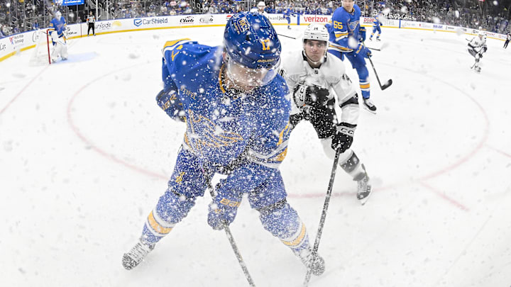 Oct 21, 2025; St. Louis, Missouri, USA; St. Louis Blues defenseman Cam Fowler (17) battle Los Angeles Kings right wing Alex Laferriere (14) for the puck during the first period at Enterprise Center. Mandatory Credit: Jeff Curry-Imagn Images Oct 21, 2025; St. Louis, Missouri, USA; St. Louis Blues defenseman Cam Fowler (17) battle Los Angeles Kings right wing Alex Laferriere (14) for the puck during the first period at Enterprise Center. Mandatory Credit: Jeff Curry-Imagn Images