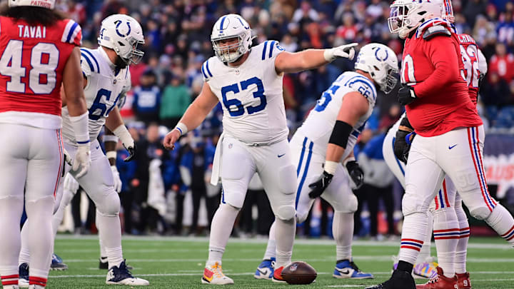 Dec 1, 2024; Foxborough, Massachusetts, USA; Indianapolis Colts center Danny Pinter (63) signals during the second half against the New England Patriots at Gillette Stadium. Mandatory Credit: Eric Canha-Imagn Images