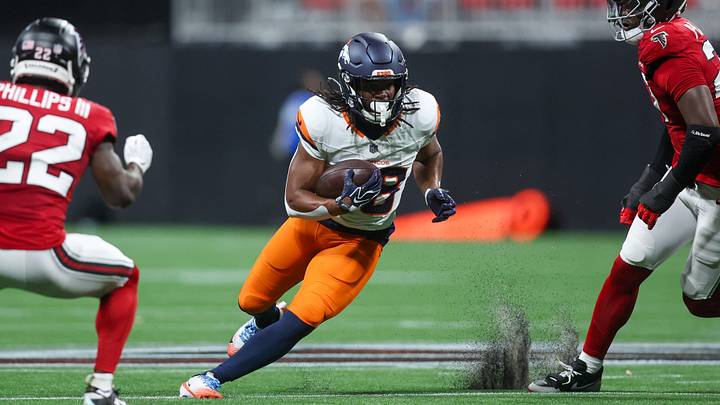 Aug 14, 2026; Atlanta, Georgia, USA; Denver Broncos running back Jaleel McLaughlin (38) runs the ball against the Atlanta Falcons in the second quater at Mercedes-Benz Stadium. Mandatory Credit: Brett Davis-Imagn Images Aug 14, 2026; Atlanta, Georgia, USA; Denver Broncos running back Jaleel McLaughlin (38) runs the ball against the Atlanta Falcons in the second quater at Mercedes-Benz Stadium. Mandatory Credit: Brett Davis-Imagn Images