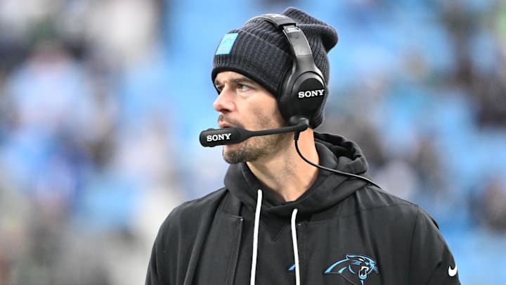 Dec 28, 2025; Charlotte, North Carolina, USA; Carolina Panthers head coach Dave Canales on the sidelines in the fourth quarter at Bank of America Stadium. Mandatory Credit: Bob Donnan-Imagn Images