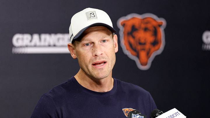 Chicago Bears head coach Ben Johnson speaks during Training Camp at Halas Hall. 