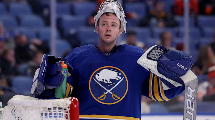 Jan 22, 2022; Buffalo, New York, USA;  Buffalo Sabres goaltender Michael Houser (32) takes a drink during a stoppage in. Play against the Philadelphia Flyers during the third period at KeyBank Center. Mandatory Credit: Timothy T. Ludwig-Imagn Images