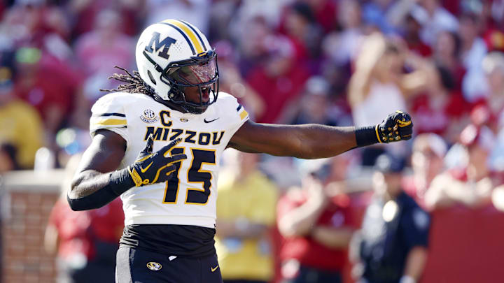 Oct 26, 2024; Tuscaloosa, Alabama, USA;  Missouri Tigers defensive end Johnny Walker Jr. (15) celebrates after a sack against the Alabama Crimson Tide during the first half at Bryant-Denny Stadium. Mandatory Credit: Butch Dill-Imagn Images