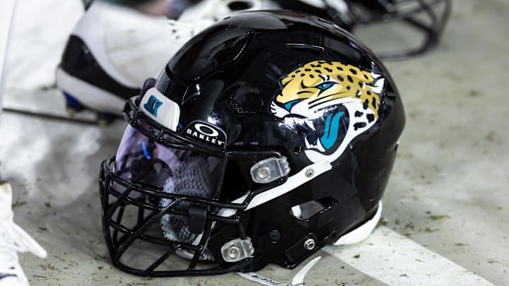 Nov 23, 2025; Glendale, Arizona, USA; Detailed view of a Jacksonville Jaguars helmet at State Farm Stadium. Mandatory Credit: Mark J. Rebilas-Imagn Images Nov 23, 2025; Glendale, Arizona, USA; Detailed view of a Jacksonville Jaguars helmet at State Farm Stadium. Mandatory Credit: Mark J. Rebilas-Imagn Images