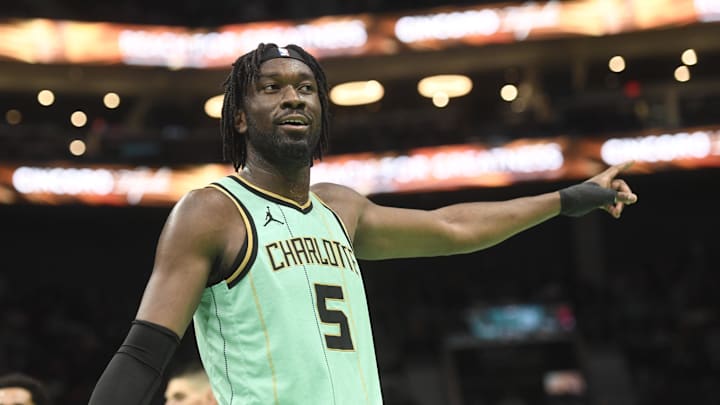 Dec 30, 2024; Charlotte, North Carolina, USA;  Charlotte Hornets center Mark Williams (5) reacts to a foul call during the second half against the Chicago Bulls at the Spectrum Center. Mandatory Credit: Sam Sharpe-Imagn Images