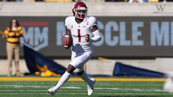Nov 11, 2023; Berkeley, California, USA; Washington State Cougars quarterback Cameron Ward (1) rolls