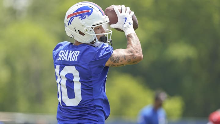 Buffalo Bills wide receiver Khalil Shakir makes a catch during Minicamp at Highmark Stadium.
