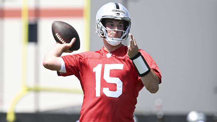 May 2, 2026; Henderson, NV, USA;  Las Vegas Raiders quarterback Fernando Mendoza (15) runs through a drill during a Rookie Minicamp at Intermountain Health Performance Center. Mandatory Credit: Candice Ward-Imagn Images