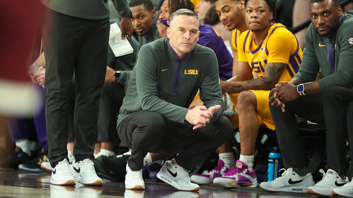 Mar 1, 2025; Starkville, Mississippi, USA; LSU Tigers head coach Matt McMahon looks on against the Mississippi State Bulldogs during the second half at Humphrey Coliseum. Mandatory Credit: Wesley Hale-Imagn Images