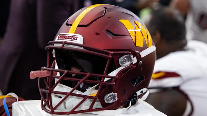 Sep 29, 2024; Glendale, Arizona, USA; Detailed view of a Washington Commanders helmet at State Farm Stadium. Mandatory Credit: Mark J. Rebilas-Imagn Images Sep 29, 2024; Glendale, Arizona, USA; Detailed view of a Washington Commanders helmet at State Farm Stadium. Mandatory Credit: Mark J. Rebilas-Imagn Images