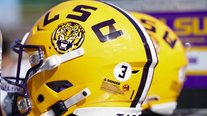 LSU Tigers helmet against the Missouri Tigers during the first half at Faurot Field at Memorial Stadium. 