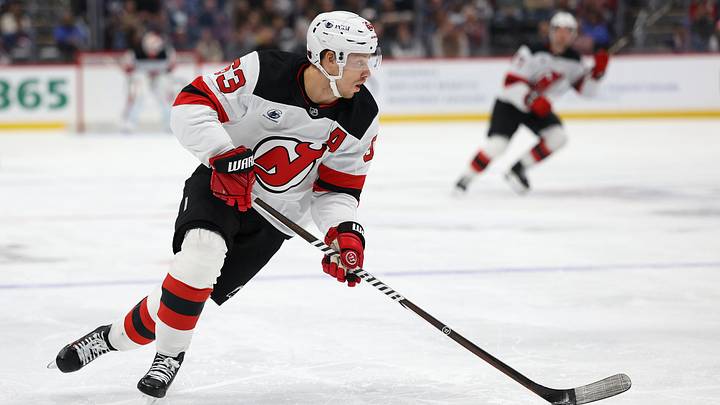 Jesper Bratt skates with the puck for the New Jersey Devils