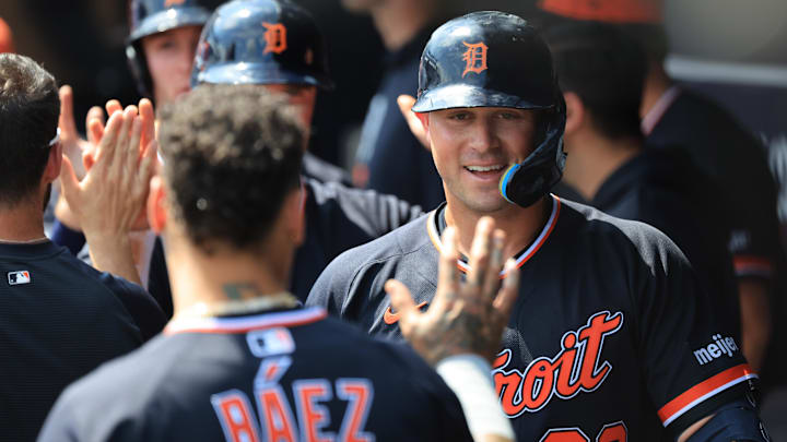 Mar 15, 2026; Tampa, Florida, USA; Detroit Tigers first baseman Spencer Torkelson (20) is congratulated after he hit a 3-run home run during the first inning against the New York Yankees at George M. Steinbrenner Field. Mandatory Credit: Kim Klement Neitzel-Imagn Images Mar 15, 2026; Tampa, Florida, USA; Detroit Tigers first baseman Spencer Torkelson (20) is congratulated after he hit a 3-run home run during the first inning against the New York Yankees at George M. Steinbrenner Field. Mandatory Credit: Kim Klement Neitzel-Imagn Images