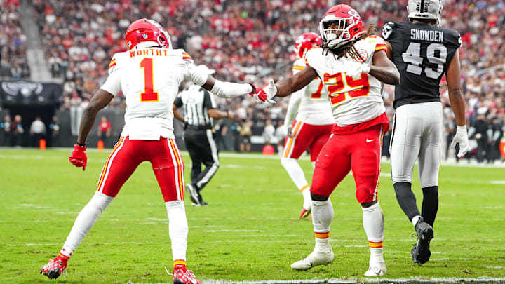 Oct 27, 2024; Paradise, Nevada, USA; Kansas City Chiefs running back Kareem Hunt (29) celebrates with wide receiver Xavier Worthy (1) after scoring a touchdown against the Las Vegas Raiders during the first quarter at Allegiant Stadium. Mandatory Credit: Stephen R. Sylvanie-Imagn Images Oct 27, 2024; Paradise, Nevada, USA; Kansas City Chiefs running back Kareem Hunt (29) celebrates with wide receiver Xavier Worthy (1) after scoring a touchdown against the Las Vegas Raiders during the first quarter at Allegiant Stadium. Mandatory Credit: Stephen R. Sylvanie-Imagn Images