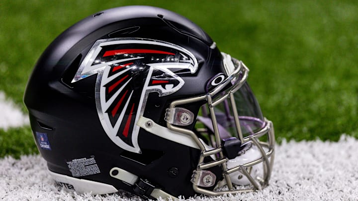 Dec 18, 2022; New Orleans, Louisiana, USA;  General view of a Atlanta Falcons helmet during warm ups against the New Orleans Saints at Caesars Superdome. Mandatory Credit: Stephen Lew-Imagn Images