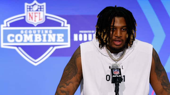 Alabama offensive tackle JC Latham addresses the local and national media at the NFL Combine on Saturday.