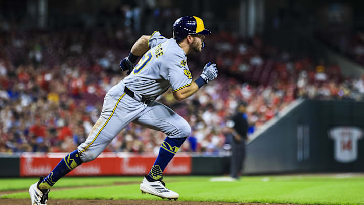 Aug 15, 2025; Cincinnati, Ohio, USA; Milwaukee Brewers outfielder Brandon Lockridge (20) runs the bases after hitting a triple in the seventh inning against the Cincinnati Reds at Great American Ball Park. Mandatory Credit: Katie Stratman-Imagn Images