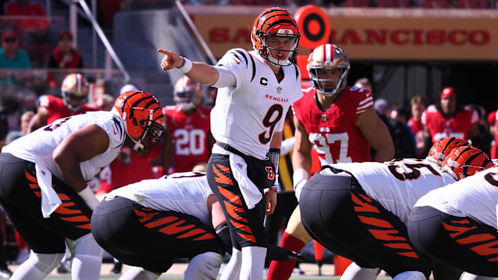 Oct 29, 2023; Santa Clara, California, USA; Cincinnati Bengals quarterback Joe Burrow (9) calls out before a play against the San Francisco 49ers during the first quarter at Levi's Stadium. Mandatory Credit: Kelley L Cox-Imagn Images Oct 29, 2023; Santa Clara, California, USA; Cincinnati Bengals quarterback Joe Burrow (9) calls out before a play against the San Francisco 49ers during the first quarter at Levi's Stadium. Mandatory Credit: Kelley L Cox-Imagn Images