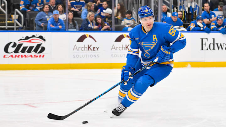 Apr 9, 2026; St. Louis, Missouri, USA; St. Louis Blues defenseman Colton Parayko (55) controls the puck against the Winnipeg Jets during the third period at Enterprise Center. Mandatory Credit: Jeff Curry-Imagn Images Apr 9, 2026; St. Louis, Missouri, USA; St. Louis Blues defenseman Colton Parayko (55) controls the puck against the Winnipeg Jets during the third period at Enterprise Center. Mandatory Credit: Jeff Curry-Imagn Images