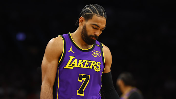 Oct 28, 2024; Phoenix, Arizona, USA; Los Angeles Lakers guard Gabe Vincent (7) reacts against the Phoenix Suns at Footprint Center. Mandatory Credit: Mark J. Rebilas-Imagn Images