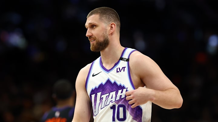 Mar 28, 2026; Phoenix, Arizona, USA; Utah Jazz guard Svi Mykhailiuk (10) against the Phoenix Suns at Mortgage Matchup Center. Mandatory Credit: Mark J. Rebilas-Imagn Images