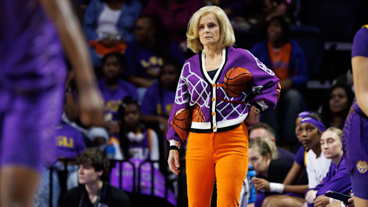Jan 19, 2025; Gainesville, Florida, USA; LSU Tigers head coach Kim Mulkey looks on against the Florida Gators during the first half at Exactech Arena at the Stephen C. O'Connell Center. Mandatory Credit: Matt Pendleton-Imagn Images