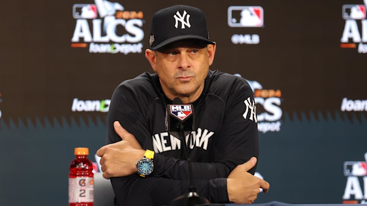 Oct 14, 2024; Bronx, New York, USA; New York Yankees manager Aaron Boone (17) speaks to the media before game one of the ALCS against the Cleveland Guardians during the 2024 MLB Playoffs at Yankee Stadium. Mandatory Credit: Brad Penner-Imagn Images
