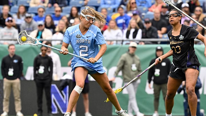 May 25, 2025; Foxborough, MA, USA; North Carolina Tar Heels attacker Chloe Humphrey (2) shoots the ball during the first half against the Northwestern Wildcats at Gillette Stadium. Mandatory Credit: Eric Canha-Imagn Images